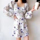 Tie-back Puff-sleeve Floral Minidress