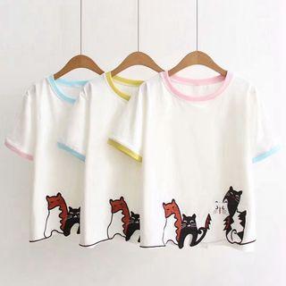 Short-sleeve Cat Applique T-shirt