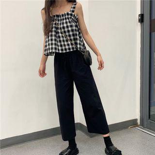 Set: Plaid Ruffle Suspender Tank Top + Tie-waist Wide-leg Pants