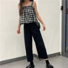 Set: Plaid Ruffle Suspender Tank Top + Tie-waist Wide-leg Pants