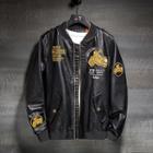 Faux Leather Motorcycle Embroidered Zip Jacket