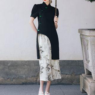 Short-sleeve Tunic / Print Midi Skirt / Set