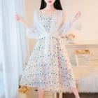 Loose-fit Cardigan / Sleeveless Floral A-line Dress / Set