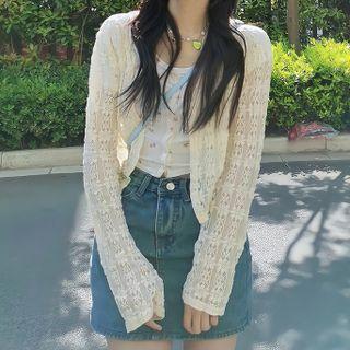 Lace Cardigan / Floral Crop Top / Denim Mini Pencil Skirt
