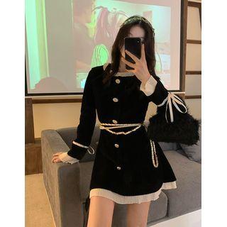 Long-sleeve Ruffle Trim Sheath Dress Dress - White & Black - One Size