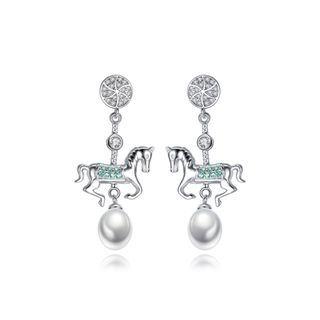 Sterling Silver Fashion Creative Carousel White Freshwater Pearl Earrings With Cubic Zirconia Silver - One Size