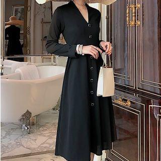 V-neck Square-buttoned Midi Dress