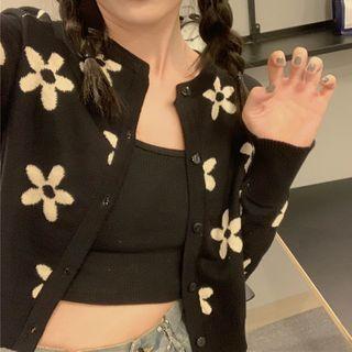 Flower Print Cropped Cardigan As Shown In Figure - One Size