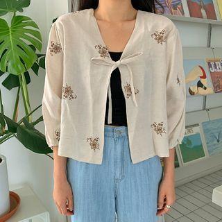 Embroidered Linen Blend Cardigan
