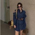 Set: Long-sleeve Cold Shoulder Denim Shirt + Belt Shirt - Dark Blue - One Size