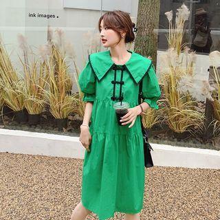 Short-sleeve Frog Buttoned Contrast Trim Plain Dress