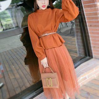 Set : Plain Long-sleeve Top + Mesh Midi Skirt