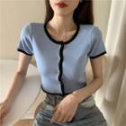 Short-sleeve Contrast Lining Button-up Knit Top