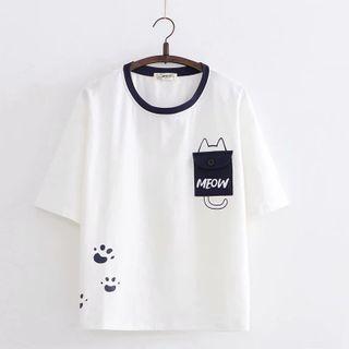 Contrast Pocket Cat Print Short-sleeve T-shirt