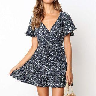 Short-sleeve Floral Print Tiered Mini A-line Dress