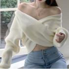 Off-shoulder Cropped Sweater White - One Size