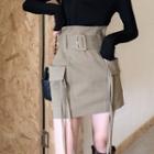 High Waist Mini Skirt With Belt Khaki - One Size