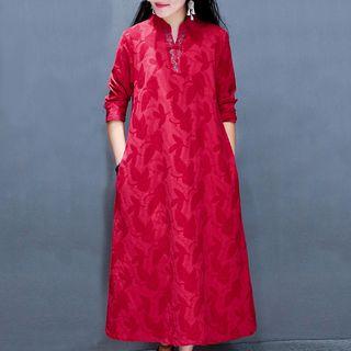 Long-sleeve Maxi Frog-buttoned Embroidered Dress