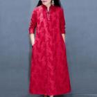 Long-sleeve Maxi Frog-buttoned Embroidered Dress