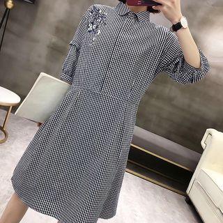 Flower Embroidered Plaid Short Sleeve Shirt Dress