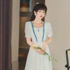Short-sleeve Square-neck Frill Trim Midi A-line Lace Dress