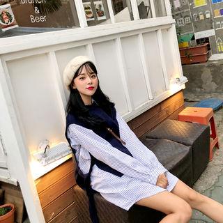 Set: Tie-side Knit Vest + Open-placket Stripe Shirtdress
