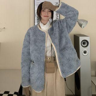 Open Front Contrast Trim Furry Jacket