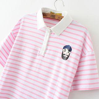 Cartoon Print Striped Short Sleeve Polo Shirtdress