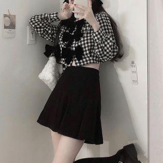 Set: Long-sleeve Bow-front Checked Crop Top + Mini A-line Skirt