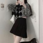Set: Long-sleeve Bow-front Checked Crop Top + Mini A-line Skirt