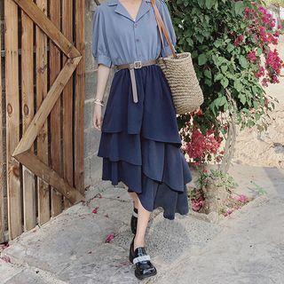 Puff-sleeve Mock Two-piece Layered Midi Shirtdress