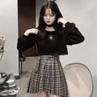 Embroidered Crop Pullover / Plaid A-line Skirt