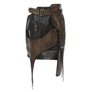Mock Two-piece Asymmetrical-hem Faux Leather Semi Skirt