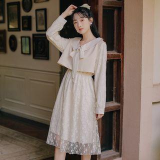 Set: Long-sleeve Midi Lace Dress + Crop Vest