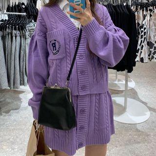 Embroidered Cable-knit V-neck Cardigan / Mini Straight-fit Skirt