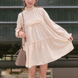 Ruffle Trim Long Sleeve Dress Almond - One Size