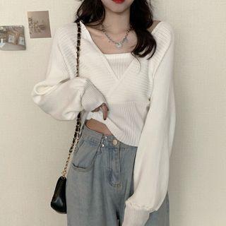 Mock Two-piece Cropped Ribbed Knit Sweater