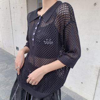 Collared Elbow-sleeve Pointelle Knit Top