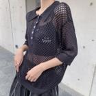 Collared Elbow-sleeve Pointelle Knit Top