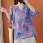 3/4-sleeve Floral Print Tunic