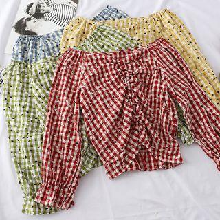 Long-sleeve Gingham Crinkled Cropped Top