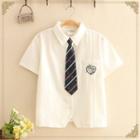 Cupid Embroidered Pocket-front Short-sleeve Shirt With Tie White - One Size