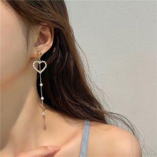 Heart Rhinestone Asymmetrical Faux Pearl Dangle Earring
