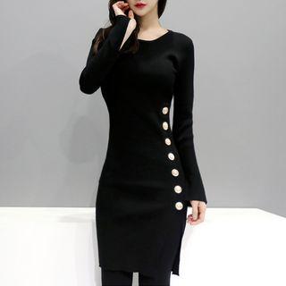 Long-sleeve Buttoned Slit-hem Dress