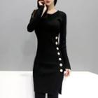 Long-sleeve Buttoned Slit-hem Dress