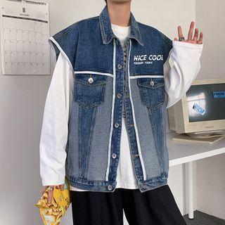 Cap-sleeve Color Block Letter Printed Denim Jacket