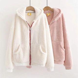 Lace Trim Ear Accent Fleece Zip Hoodie