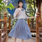 Set: 3/4-sleeve Hanfu Top + Midi Pleated Skirt