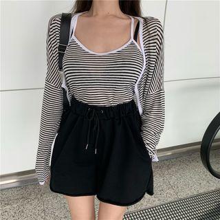 Set: Spaghetti Strap Striped Top + Cardigan Set Of 2 - Stripe - Black & White - One Size