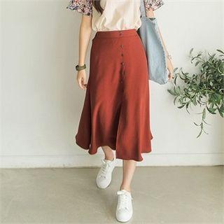 Slit-front Buttoned Midi Flare Skirt